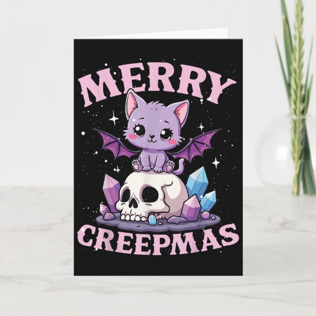 Cartão Merry Creepmas Cat Pastel Goth Christmas Skull For (Frente)
