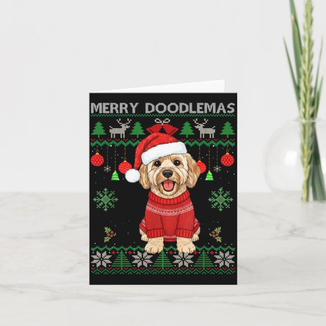 Cartão Merry Doodlemas Goldendoodle Wearing Ugly Christma (Frente)