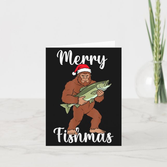Cartão Merry Fishmas Bigfoot Fishing Funny Sasquatch Sant (Frente)