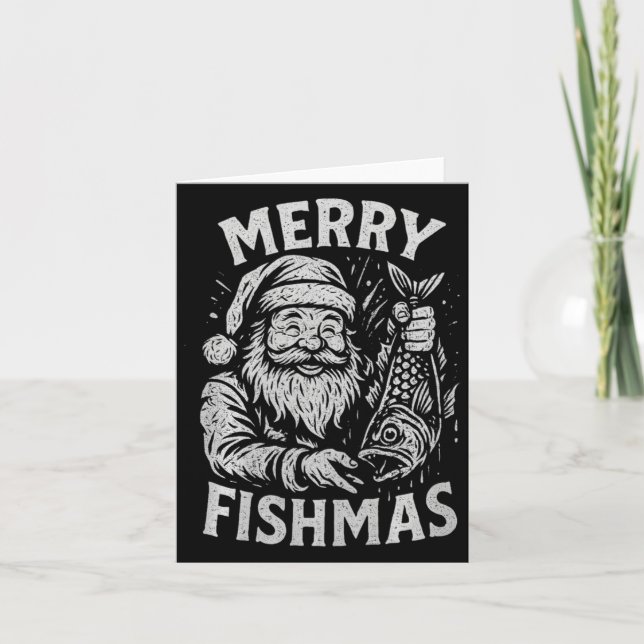 Cartão Merry Fishmas Vintage Santa Fishing Christmas Prem (Frente)