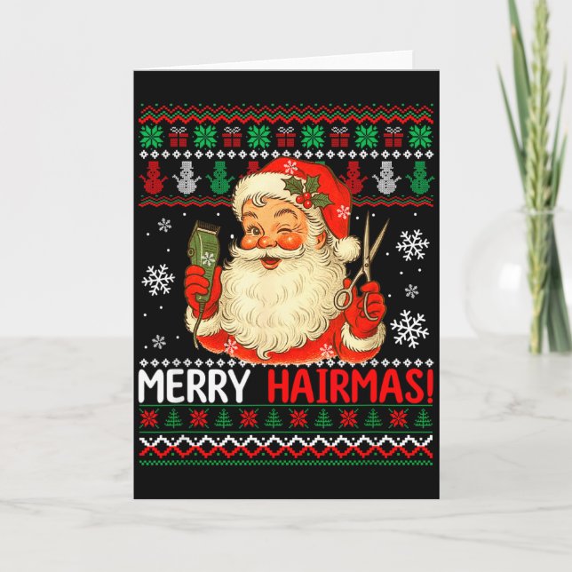 Cartão Merry Hairmas Christmas Sweater Santa Hairstylist  (Frente)