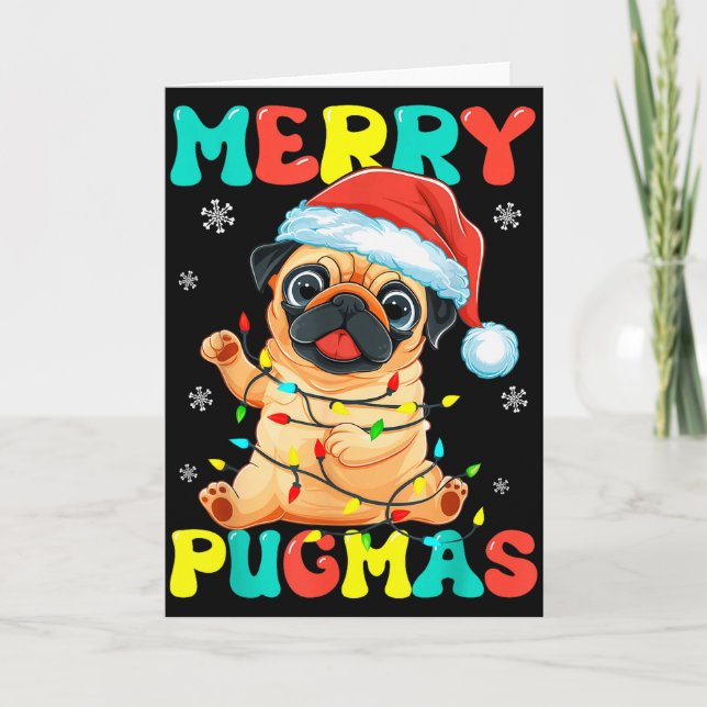 Cartão Merry Pugmas Pug Christmas Santa Pug Xmas Lights D (Frente)