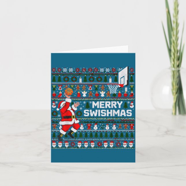 Cartão Merry Swishmas Santa Basketball Ugly Sweater Style (Frente)