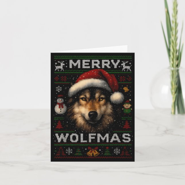 Cartão Merry Wolfmas Merry Christmas Wolf Ugly Sweater Fu (Frente)
