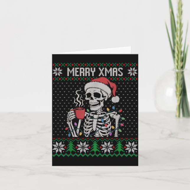 Cartão Merry Xmas Skeleton Ugly Sweater, Skull Wearing Sa (Frente)