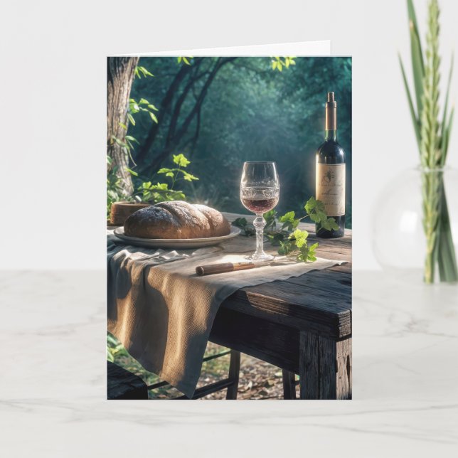 Cartão Mesa De Ação De Graças Com Vinho Em Uma Floresta (Frente)