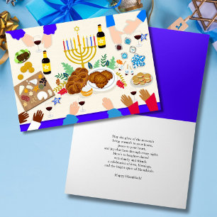 Cartão Mesa Feliz de Hanukkah com Menorá, Comida e Famíli