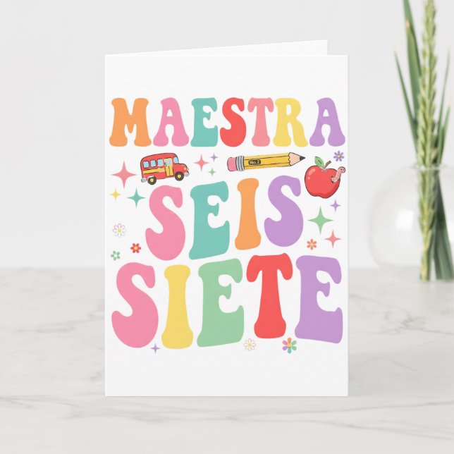 Cartão Mestra Seis Sete Retro Professora Fofo Espanhol (Frente)