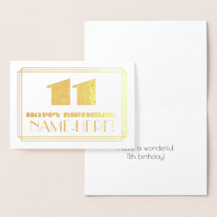 Cartão Metalizado 11 Birthday; Nome + Art Deco Inspirado "11"