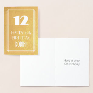 Cartão Metalizado 12º Aniversário ~ Estilo Art Déco "12" e Nome Pers