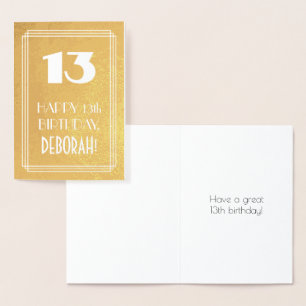 Cartão Metalizado 13 Birthday ~ Art Deco Style "13" e nome personali