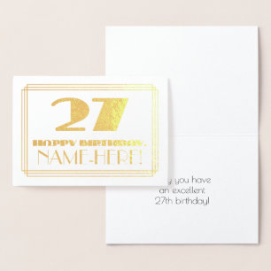 Cartão Metalizado 27.o aniversário; Nome + Art Deco Inspirado "27"