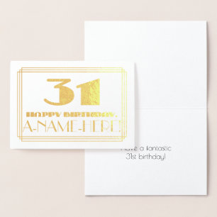 Cartão Metalizado 31.o aniversário; Nome + Art Deco Inspirado "31"