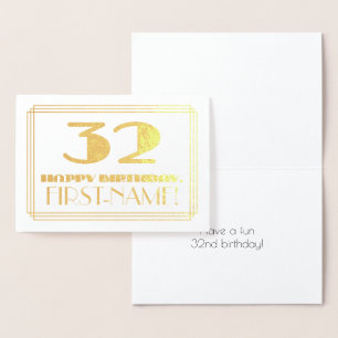 Cartão Metalizado 32.o Aniversário; Nome + Art Deco Inspirado "32"