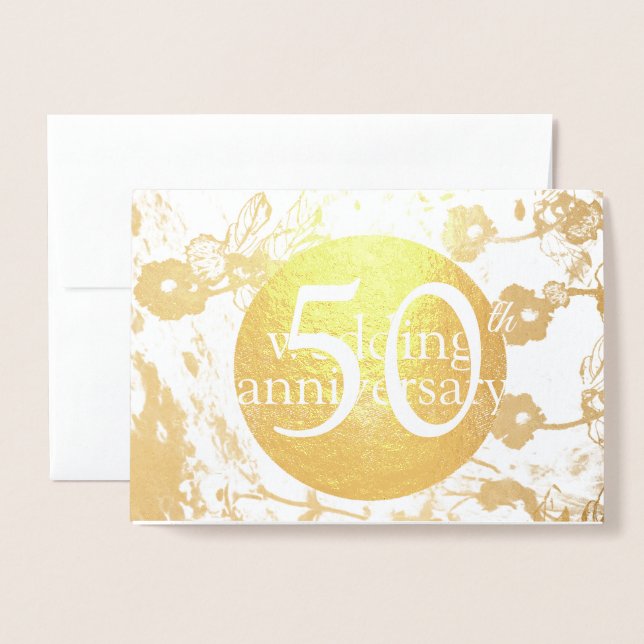 Cartão Metalizado 50th Gold Foil Wedding Floral Blank Card (Frente com envelope)
