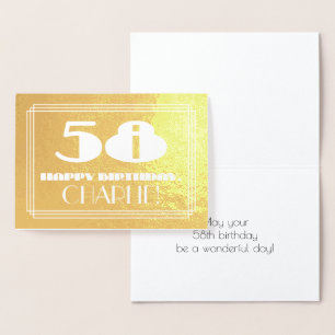 Cartão Metalizado 58.o aniversário: Nome + Art Deco Inspirado "58"