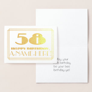 Cartão Metalizado 58.o aniversário; Nome + Art Deco Inspirado "58"