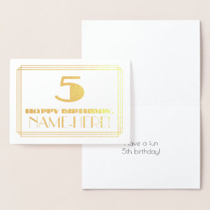 Cartão Metalizado 5 Birthday; Nome + Art Deco Inspirado "5"
