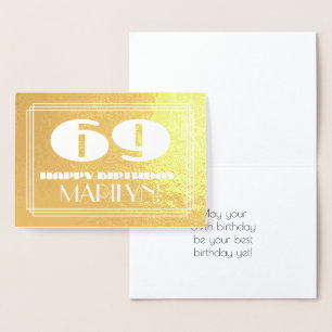 Cartão Metalizado 69.º Aniversário: Nome + Art Deco Inspiraram "69"