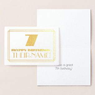 Cartão Metalizado 7 Birthday; Nome + Art Deco Inspirado "7"