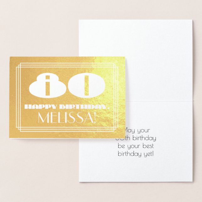 Cartão Metalizado 80 Aniversário: Nome + Arte Deco Inspiraram "80" (Exibição)