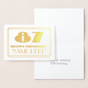 Cartão Metalizado 87.o aniversário; Nome + Art Deco Inspira "87"
