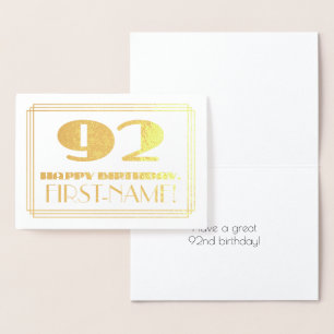 Cartão Metalizado 92.o Aniversário; Nome + Art Deco Inspirado "92"