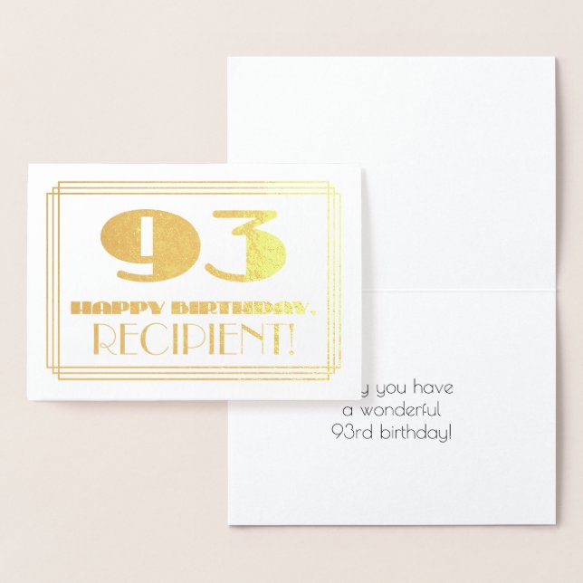 Cartão Metalizado 93.º Aniversário; Nome + Arte Deco Inspiraram "93" (Exibição)