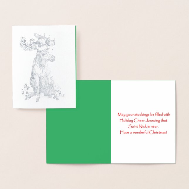 Cartão Metalizado Alce Sentado de Natal com presentes Whimsical (Exibição)