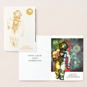 Cartão Metalizado Ame-o ao Astronauta da Lua Desenhando Espaço Legal