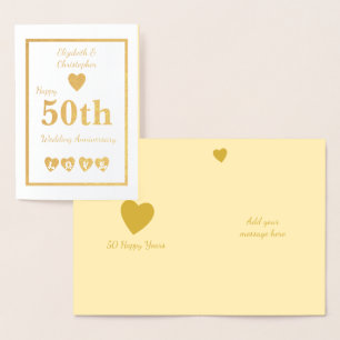 Cartão Metalizado Aniversário de casamento dourado com corações