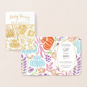 Cartão Metalizado Bênçãos de Babyshower Floral em Folha de Ouro Real
