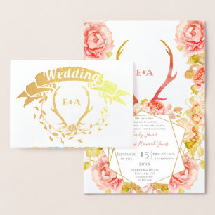 Cartão Metalizado Boho Bohemian Deer Antler e Rosas Casamento Rosa i