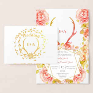 Cartão Metalizado Boho Pink Blush Rosa Dourado Casamento Antler Real