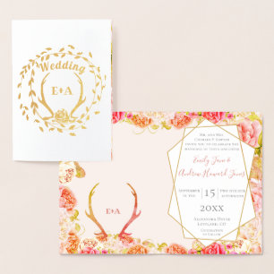 Cartão Metalizado Boho Pink Blush Rosa Dourado Casamento Antler Real