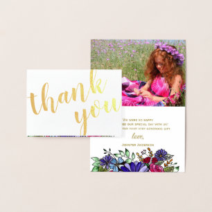 Cartão Metalizado Buquê Floral Gold Foil Obrigado Foto e Nome