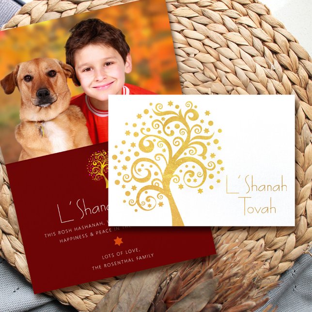 Cartão Metalizado Burgundy Rosh Hashanah Tree Life Foto Dourada (Criador carregado)