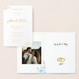 Cartão Metalizado Casamento com Flor Azul Elegante