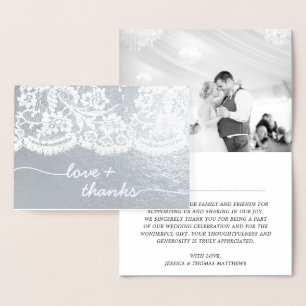 Cartão Metalizado Casamento com Fotos de Lace Script Obrigado