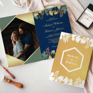 Cartão Metalizado Casamento de Foto Tropical Geométrico Dourado Azul