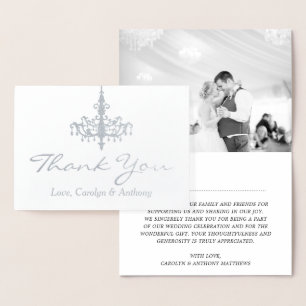 Cartão Metalizado Casamento de Fotos de Chandelier Elegante Obrigado