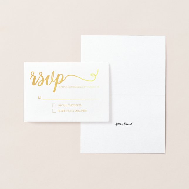 Cartão Metalizado Casamento de script RSVP de ouro Elegante (Exibição)