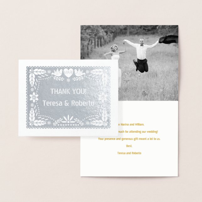 Cartão Metalizado Casamento do Papel picado Obrigado foto prata (Display)