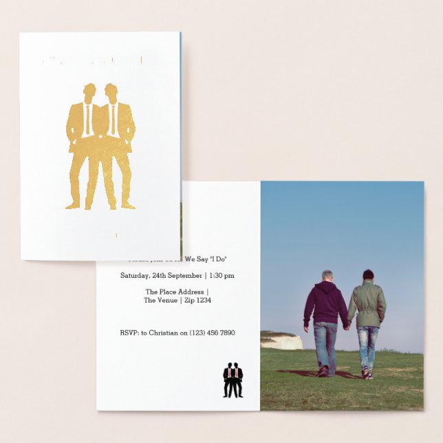 Cartão Metalizado Casamento Gay Dois Noivos Gravatas (Exibição)