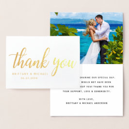 Cartão Metalizado Casamento Moderno Obrigado Foto Casal BT Dourada