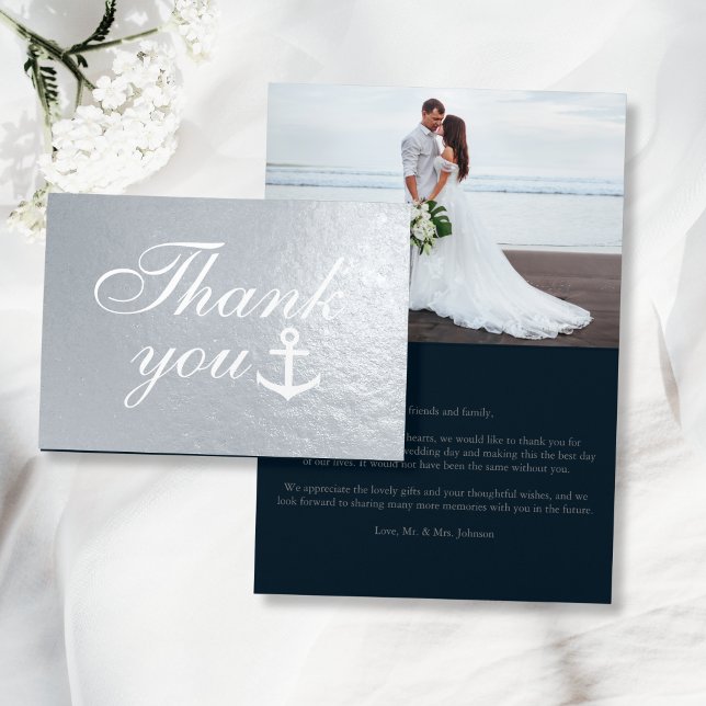 Cartão Metalizado Casamento Náutico Obrigado Silver Real (Nautical Wedding Thank You Silver Real Foil Card
)