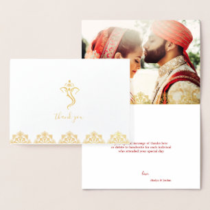 Cartão Metalizado Casamento Red & Dourado Ganesha & Mehndi Obrigado