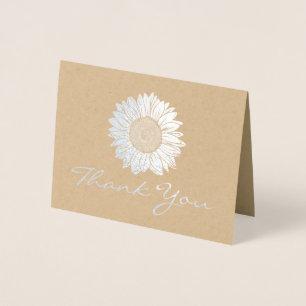 Cartão Metalizado Casamento Rustic Silver Foil Sunflower Obrigado