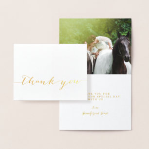 Cartão Metalizado Casamento Simples De Script Gold Foto Obrigado