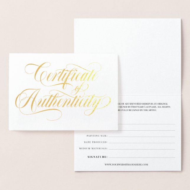Cartão Metalizado Certificado de Autenticidade para Suportes Dourado (Exibição)